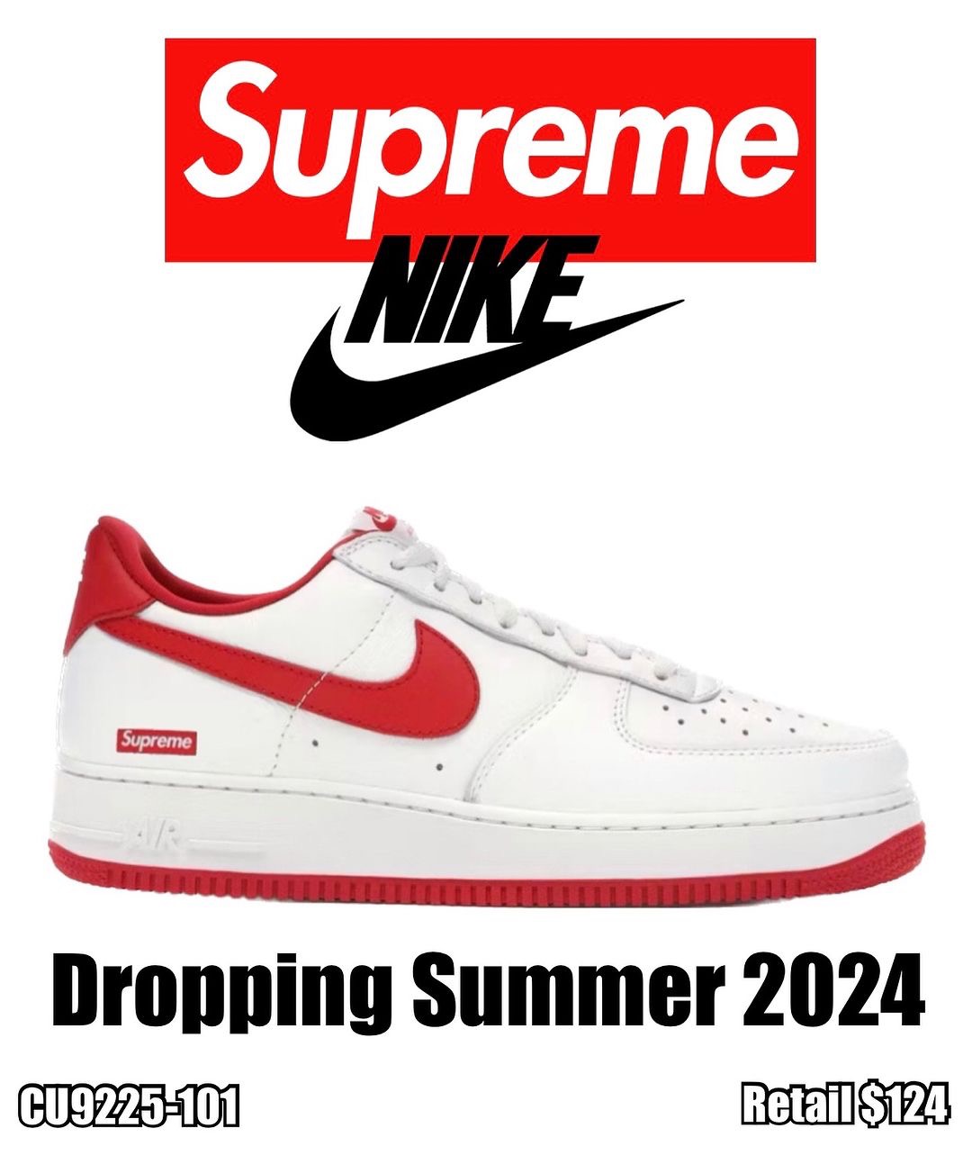 2024SS Supreme/Nike Air Force 1 Lowに新色WHITE SPEED REDが登場予定